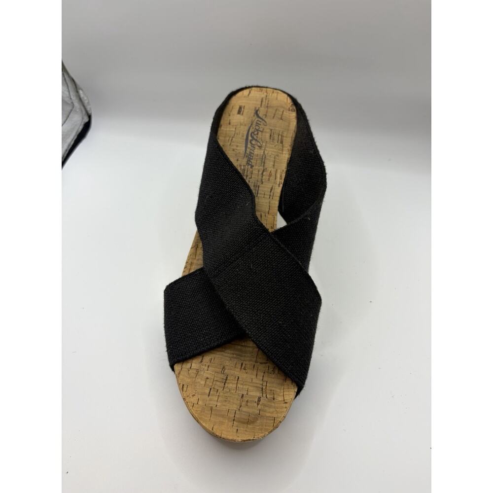 Lucky Brand Cork Wedge Sandals Womens 9 Black Canvas Criss Cross Slide Shoes - Picture 7 of 11